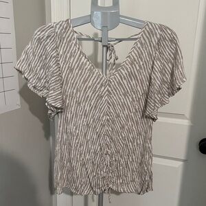 Daytrip Beige, Gold and White Striped V-Neck Blouse